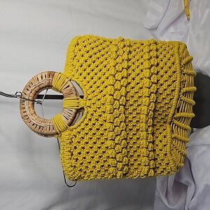 CLEOBELLO BOHO MACRAME TOTE IN YELLOW WITH WOODEN HANDLES